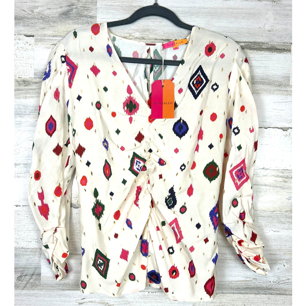 Vilagallo Womens 10 Aztec Print Cinch Waist Blouse Boho Luxe NWT Cream Multi